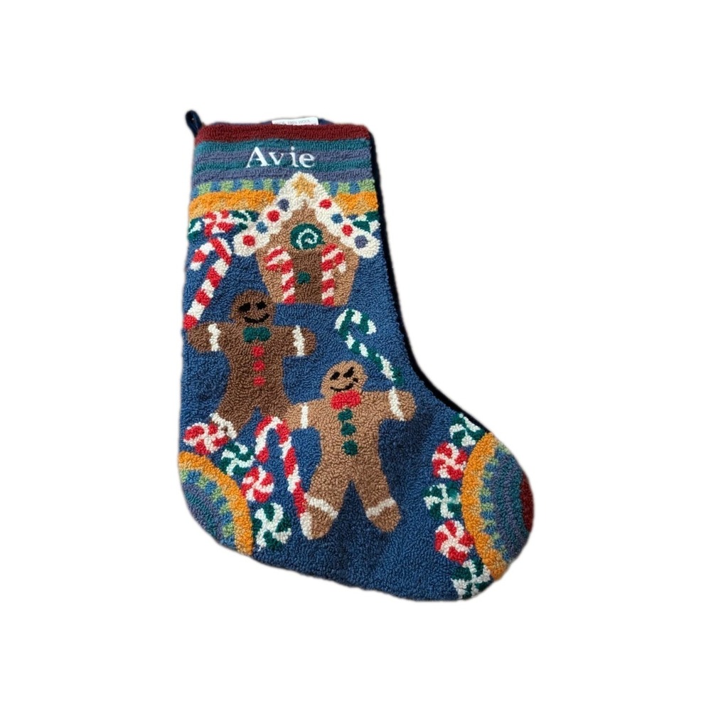 Gingerbread Men Hooked Wool Christmas Stocking Blue Velvet Backed Vintage Avie